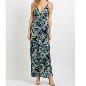 Illa Illa Tropical Print Maxi Dress Green Black Palm Hawaiian Floral Size S